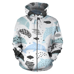 Cute Dolphins Childish Style Pattern Zip Up Hoodie