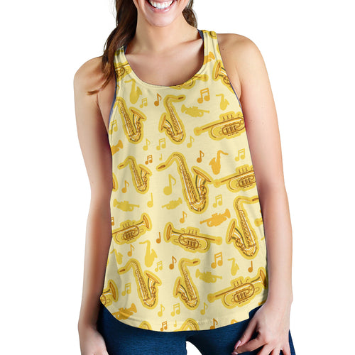 Saxophone cornet pattern yellow background Women Racerback Tank Top