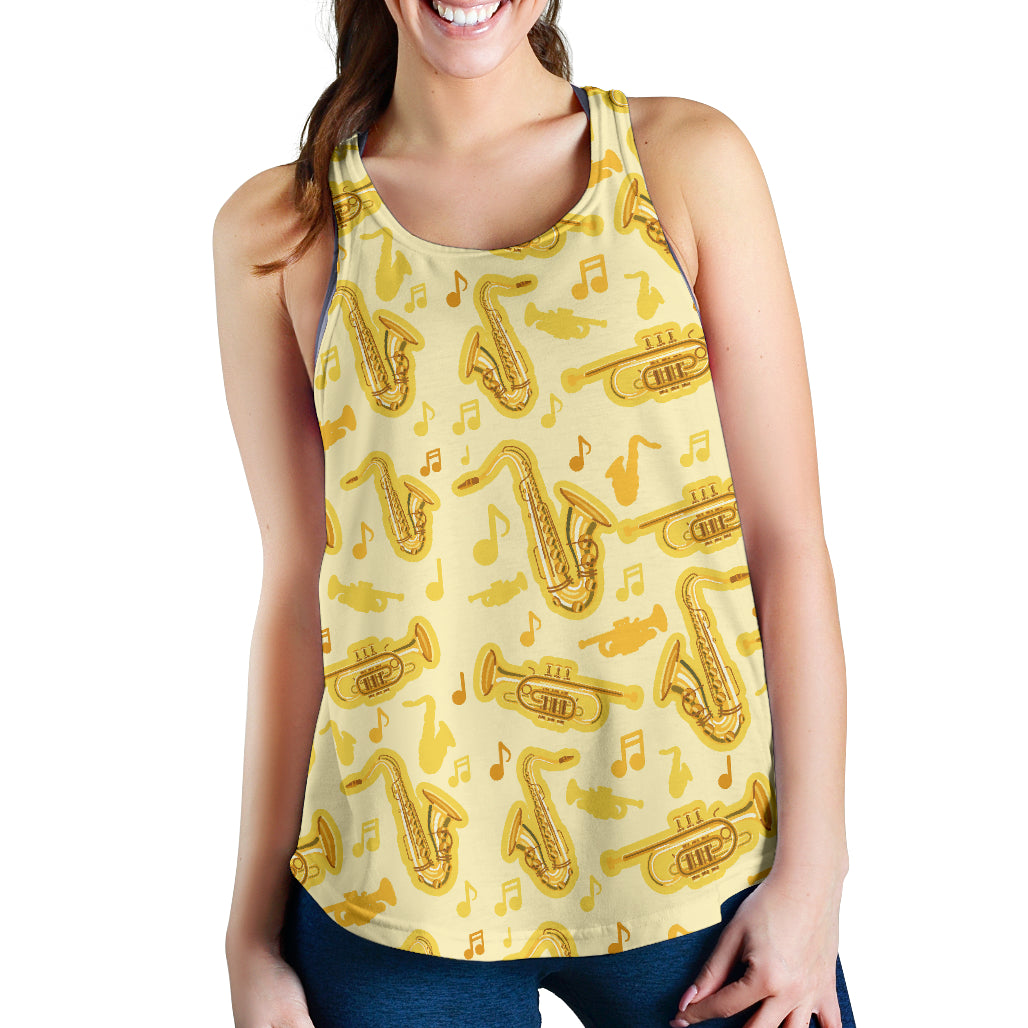 Saxophone cornet pattern yellow background Women Racerback Tank Top
