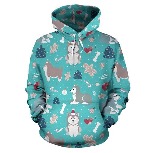 Christmas Cute Siberian Husky Puppie Pattern Men Women Pullover Hoodie