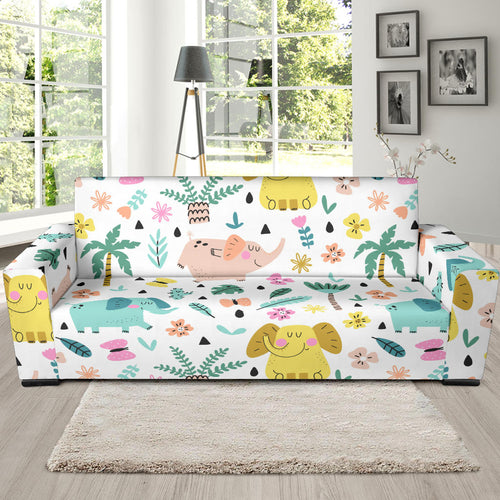 Cute Elephants Palm Tree Flower Butterfly Pattern Sofa Slipcover