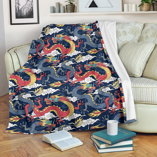 Blue Red Dragon Cloud Pattern Premium Blanket