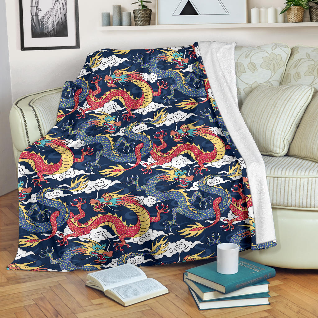 Blue Red Dragon Cloud Pattern Premium Blanket