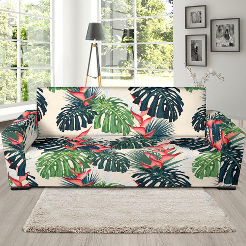 Heliconia Flowers, Palm And Monstera Leaves Sofa Slipcover