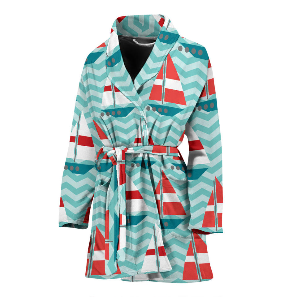 Red White Sailboat Wave Background Women'S Bathrobe