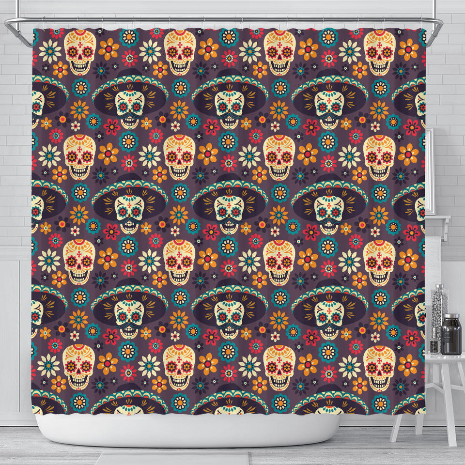 Sugar Skulls Flower Maxican Pattern Shower Curtain Fulfilled In US