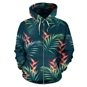 Heliconia Flowers, Palm And Monstera Leaves On Black Background Pattern Zip Up Hoodie