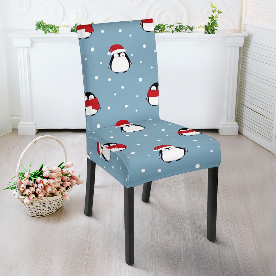 Cute Penguin Christmas Snow Pattern Dining Chair Slipcover