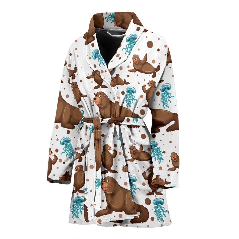 Sea Lion Seals Jellyfish Pattern Women'S Bathrobe