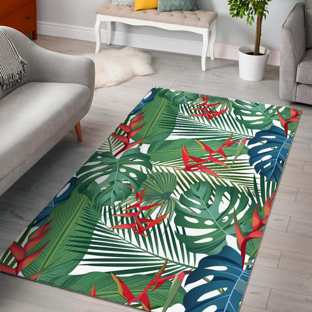 Heliconia Palm And Monstera  Leaves Pattern Area Rug