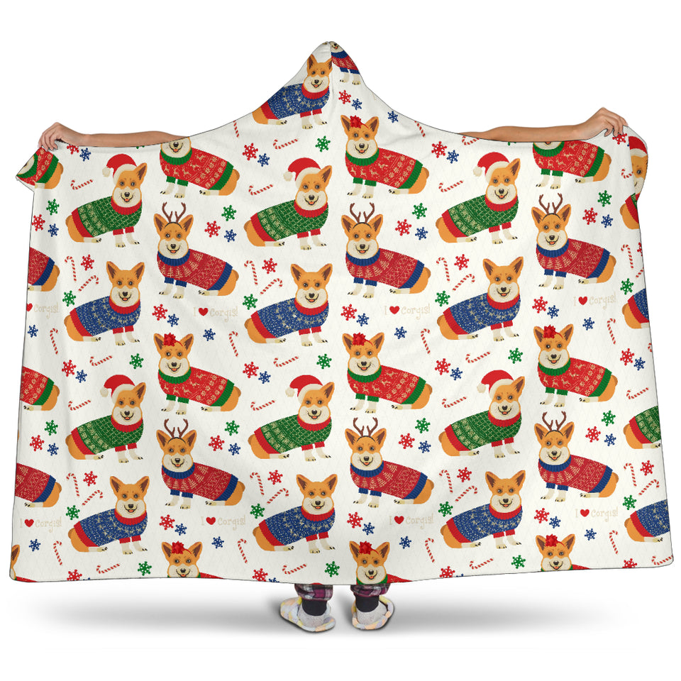 Corgi Christmas Pattern Hooded Blanket