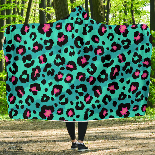 Green Leopard Skin Print Pattern Hooded Blanket