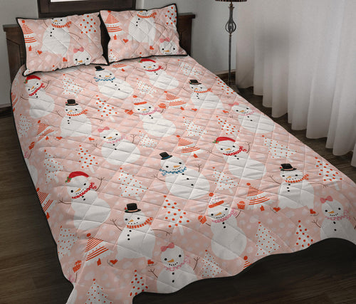 Cute snowman christmas tree snowpink background Quilt Bed Set