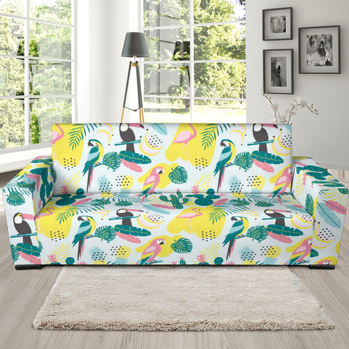 Cute Parrot Toucan Flamingo Cactus Exotic Leaves Pattern Sofa Slipcover