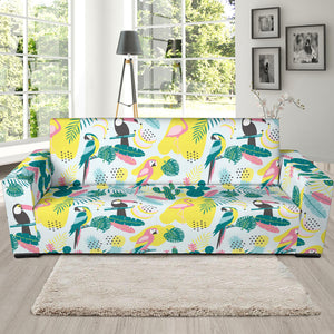 Cute Parrot Toucan Flamingo Cactus Exotic Leaves Pattern Sofa Slipcover