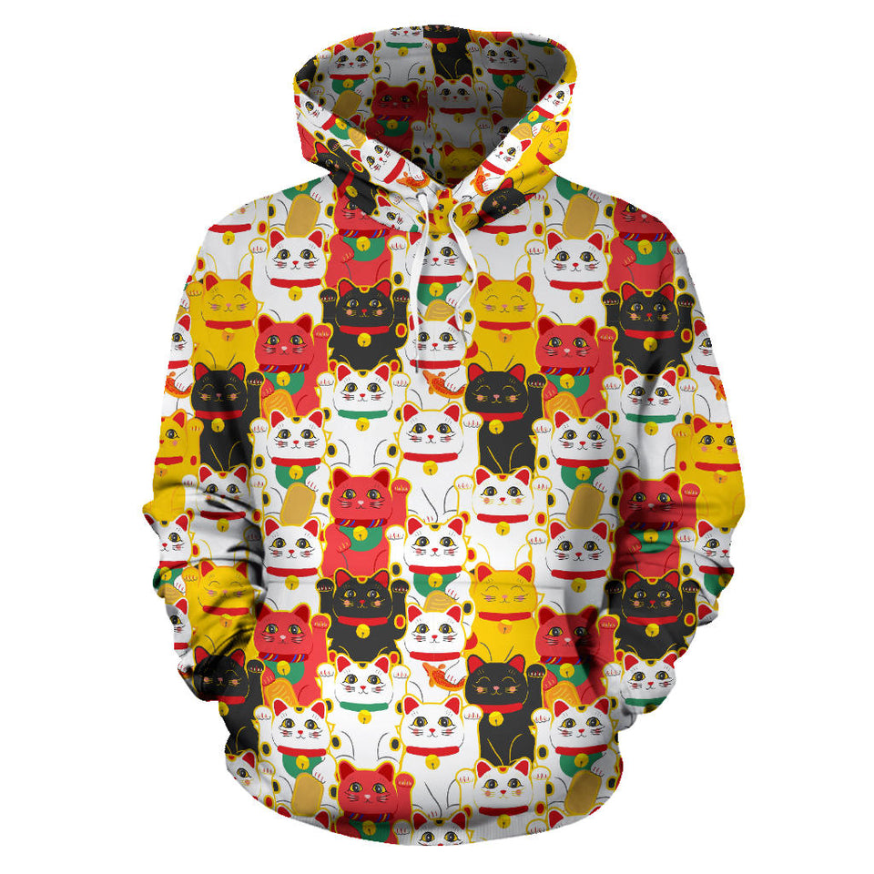 Colorful Maneki Neko Lucky Cat Pattern Men Women Pullover Hoodie