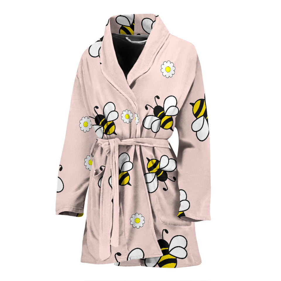 Cute Bee Flower Pattern Pink Background Women'S Bathrobe