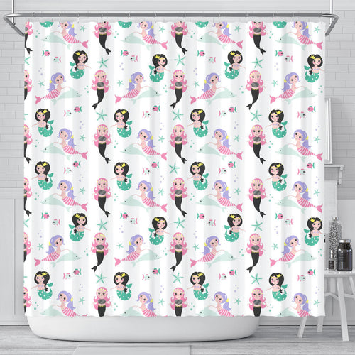 Cute Mermaid Dolphin Fish Starfish Pattern Shower Curtain Fulfilled In US