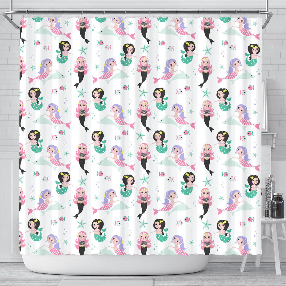 Cute Mermaid Dolphin Fish Starfish Pattern Shower Curtain Fulfilled In US