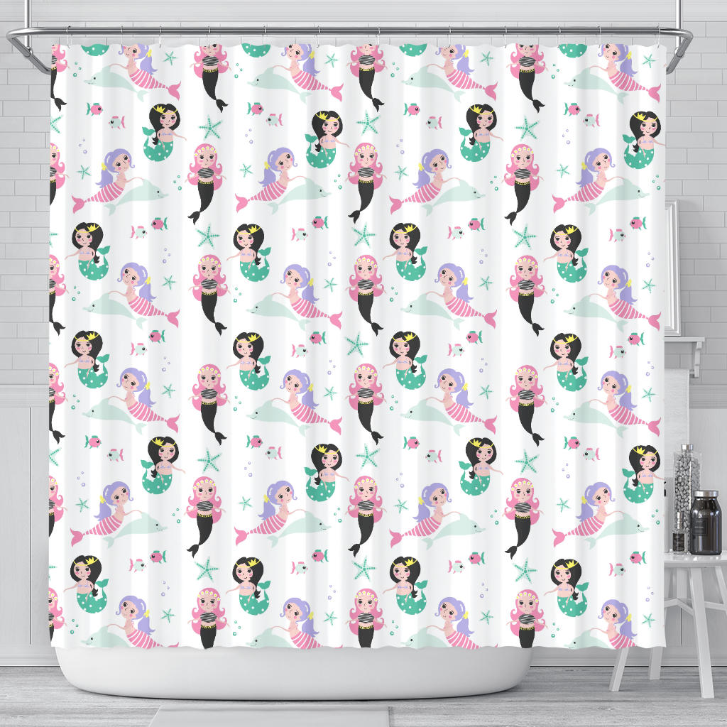 Cute Mermaid Dolphin Fish Starfish Pattern Shower Curtain Fulfilled In US