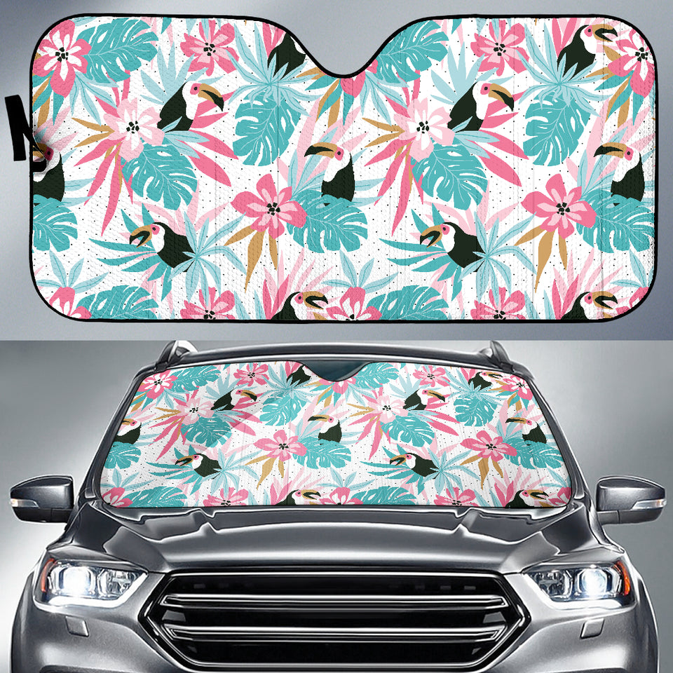 Toucan Tropical Flower Leave Pattern Car Sun Shade