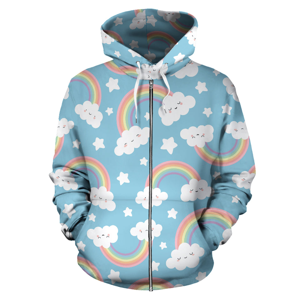 Cute Rainbow Clound Star Pattern Blue Background Zip Up Hoodie