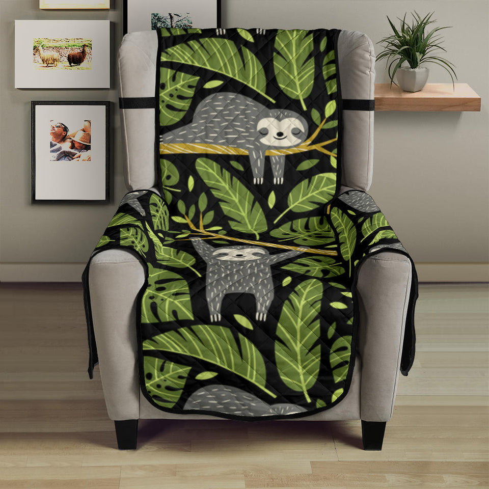 Cute sloths tropical palm leaves black background Chair Cover Protector