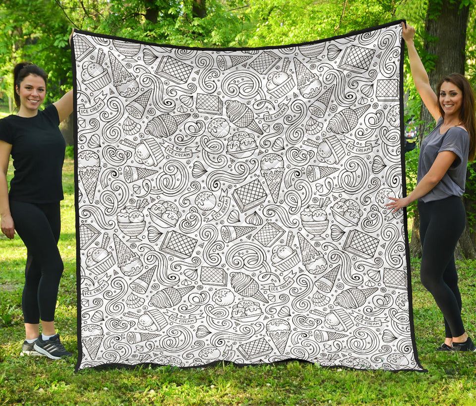 Cartoon Hand Drawn Ice Cream Black White Premium Quilt.