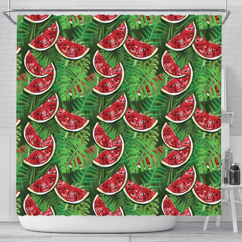 Watermelons Tropical Palm Leaves Pattern Background Shower Curtain Fulfilled In US