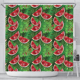 Watermelons Tropical Palm Leaves Pattern Background Shower Curtain Fulfilled In US
