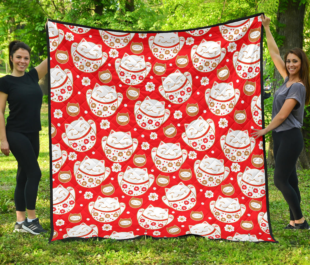 Cute Maneki Neko Lucky Cat Red Background Premium Quilt