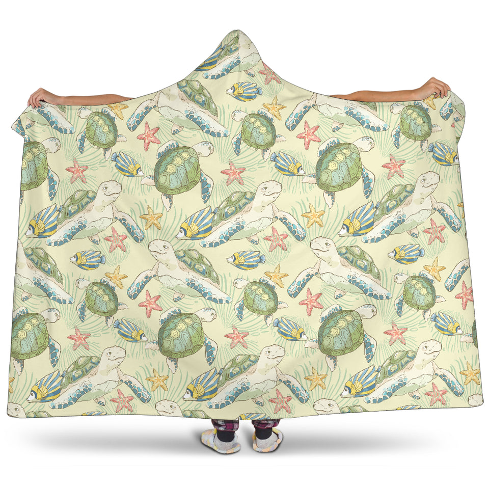 Hand Drawn Sea Turtle Fish Pattern Hooded Blanket