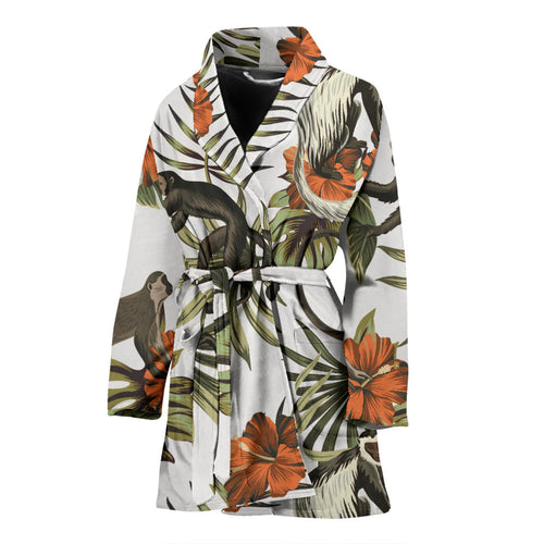 Monkey Red Hibiscus Flower Palm Leaves Floral Pattern Women'S Bathrobe