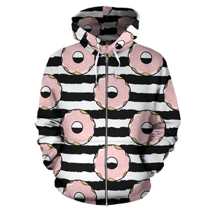 Donuts Pink Icing Striped Pattern Zip Up Hoodie