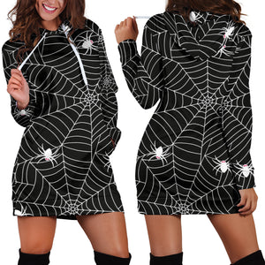 Spider Web Design Pattern Black Background White Cobweb Women'S Hoodie Dress