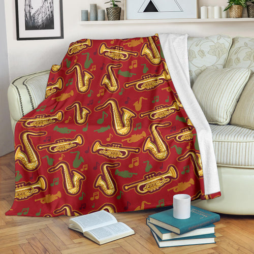 Saxophone Cornet Pattern Red Background Premium Blanket