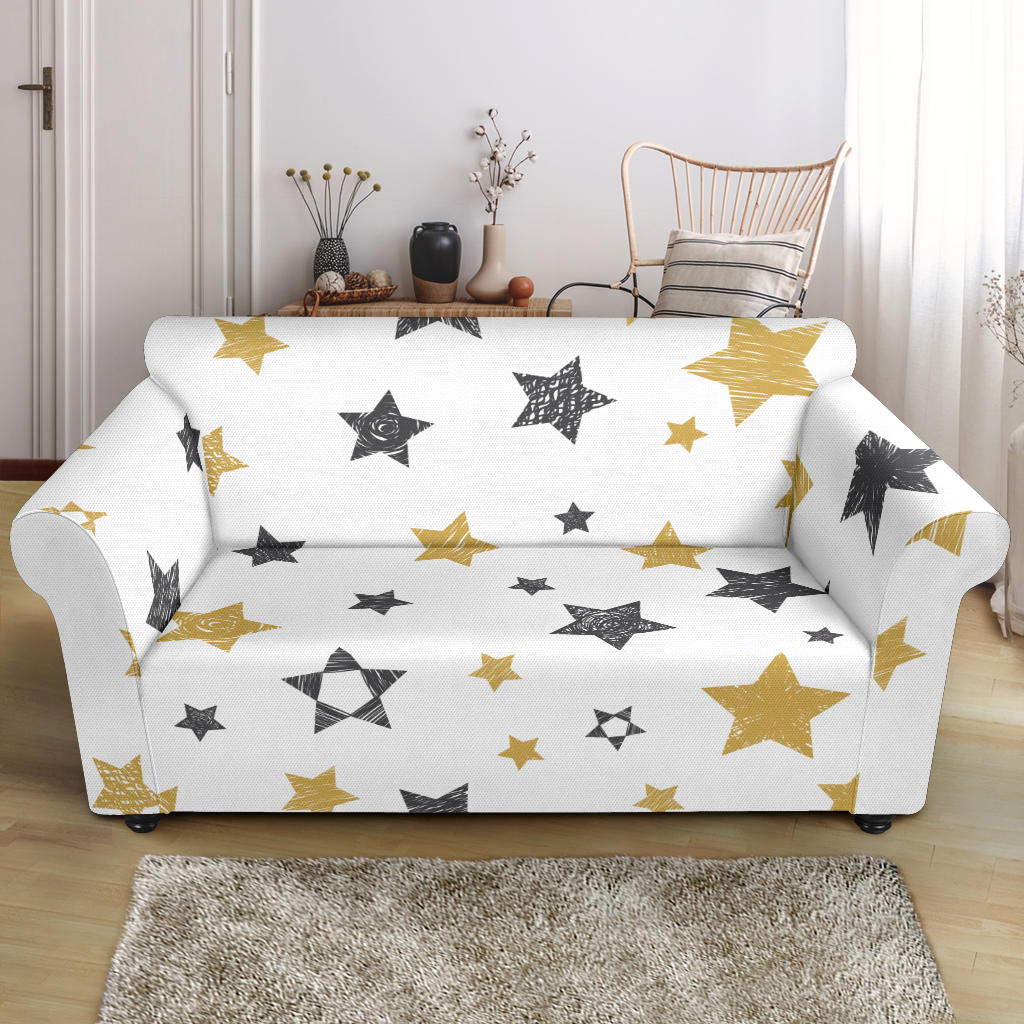 Hand Drawn Gold Black Star Pattern Loveseat Couch Slipcover