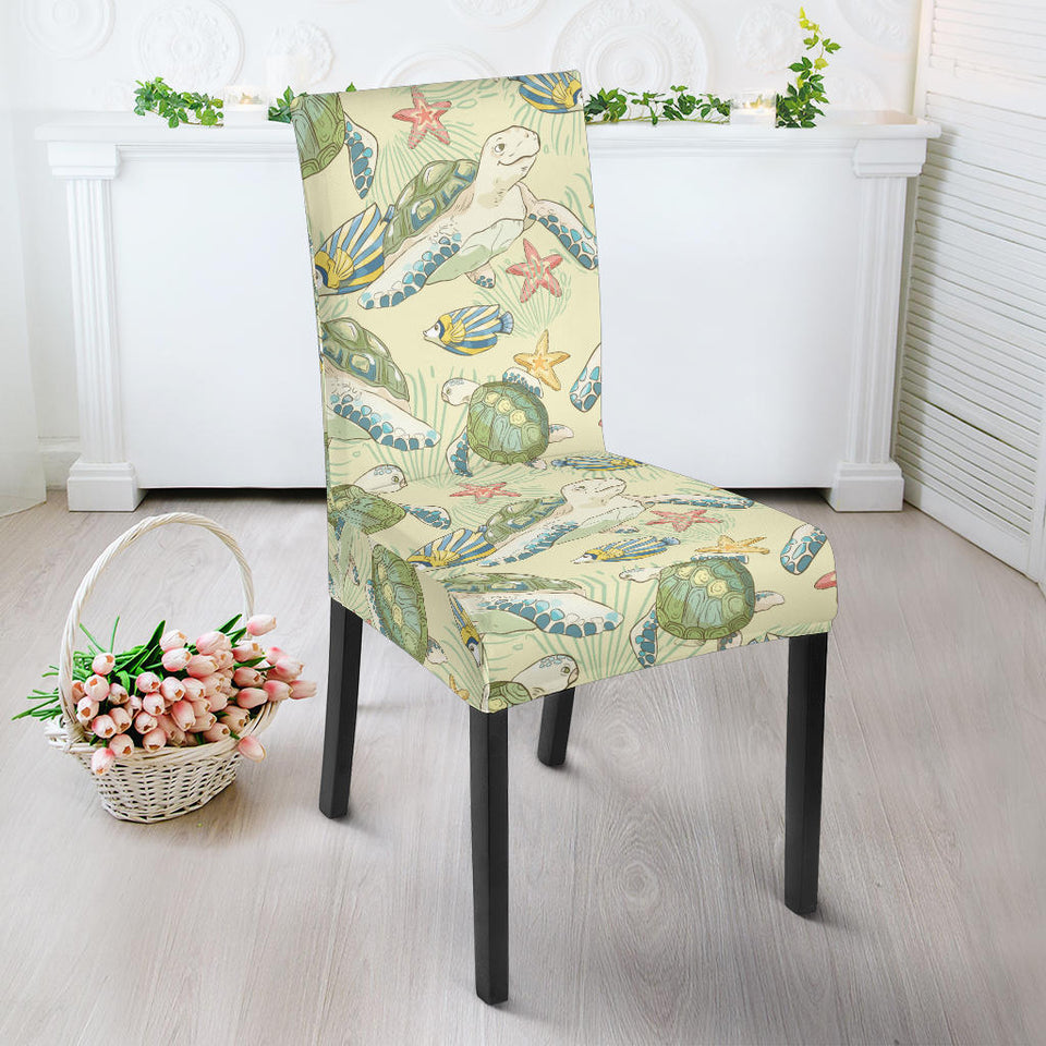 Hand Drawn Sea Turtle Fish Pattern Dining Chair Slipcover