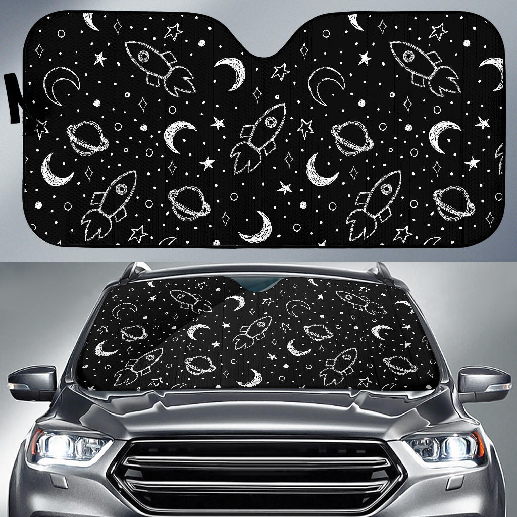 Hand Drawn Space Rocket Star Planet Car Sun Shade