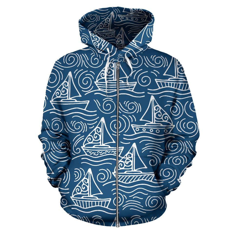 Hand Drawn Sailboat Pattern Zip Up Hoodie