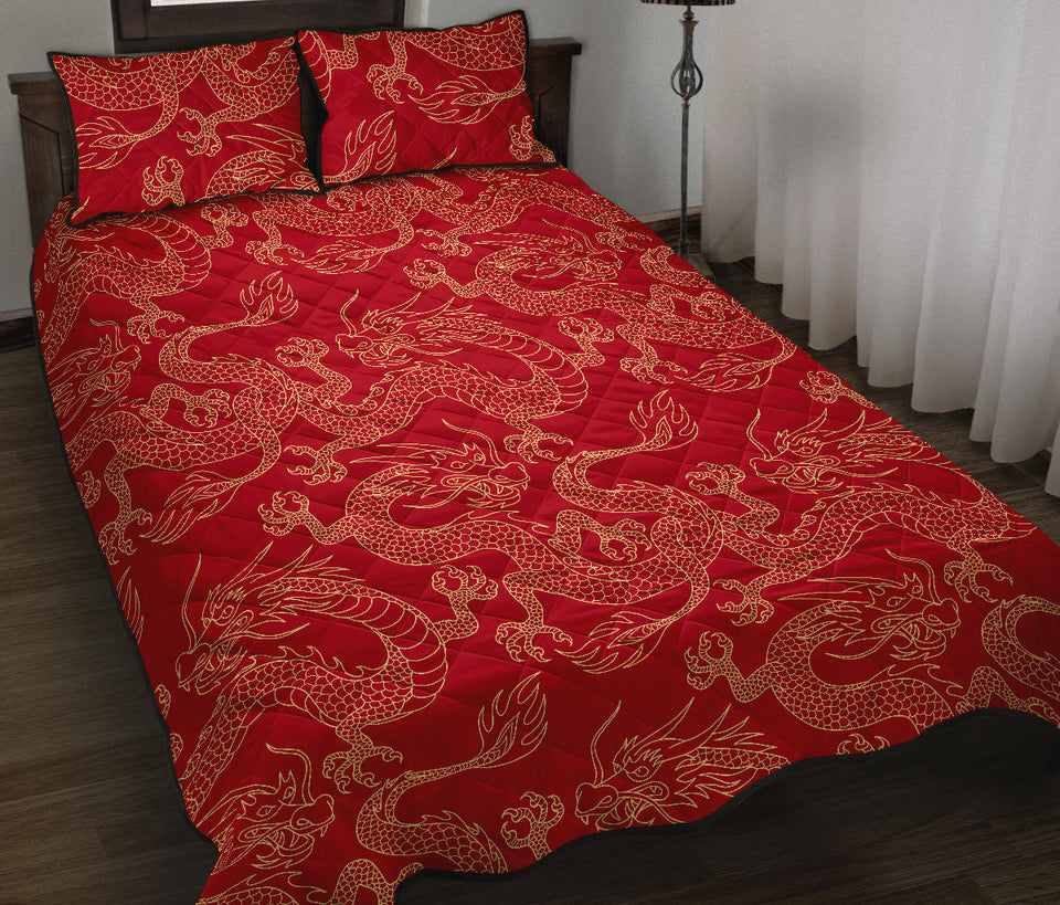 Gold dragons red background Quilt Bed Set