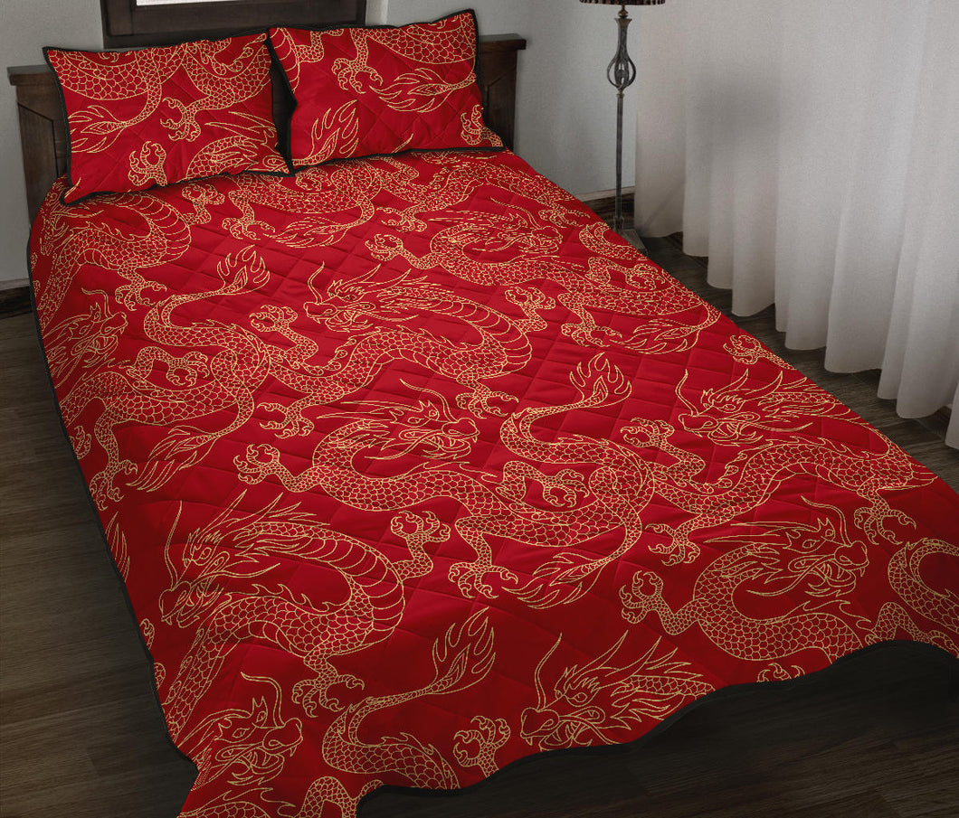 Gold dragons red background Quilt Bed Set