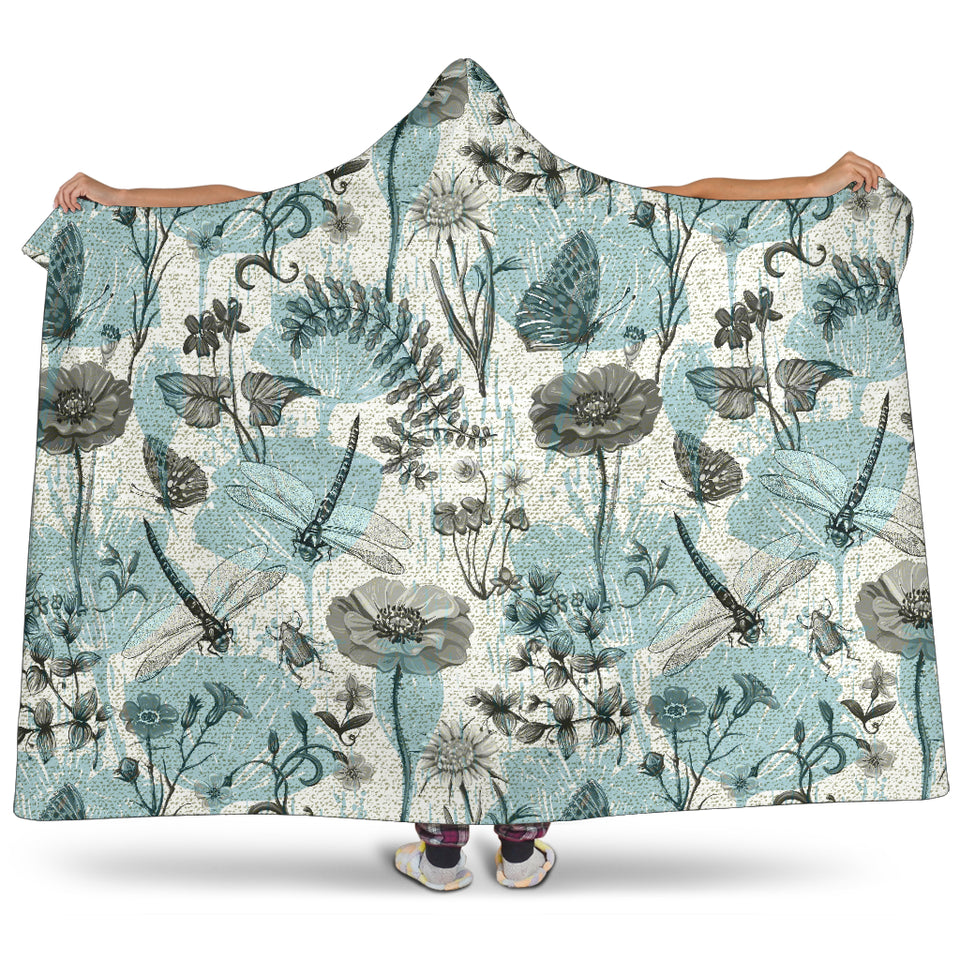Dragonfly Butterfly Plants Insect Flower Vintage Style Pattern Hooded Blanket