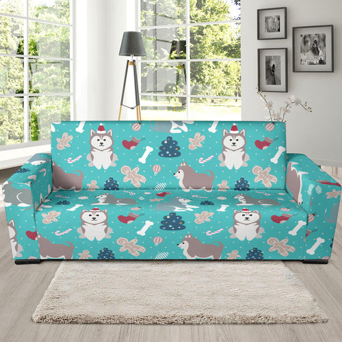 Christmas Cute Siberian Husky Puppie Pattern Sofa Slipcover