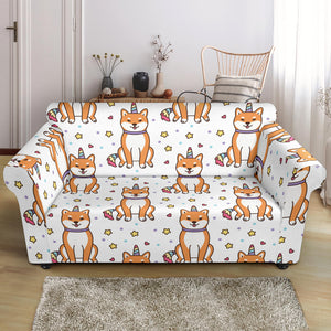 Shiba Inu Unicorn Costume Horn Colorful Tail Pattern Loveseat Couch Slipcover