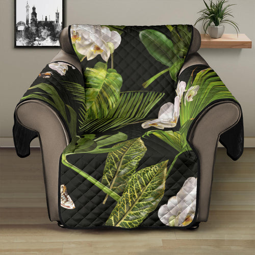 White orchid flower tropical leaves pattern blackground Recliner Cover Protector