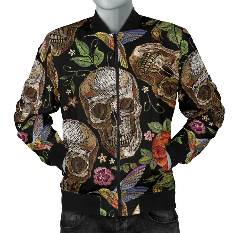 Skull Rose Humming Bird Flower Pattern Men'S Bomber Jacket