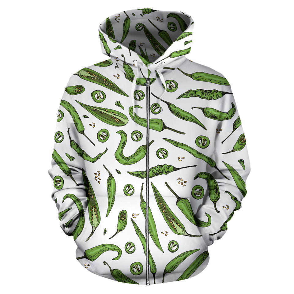 Hand Drawn Sketch Style Green Chili Peppers Pattern Zip Up Hoodie
