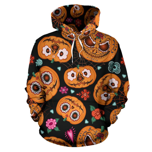 Pumpkin Flowers Spiderweb Halloween Theme Men Women Pullover Hoodie