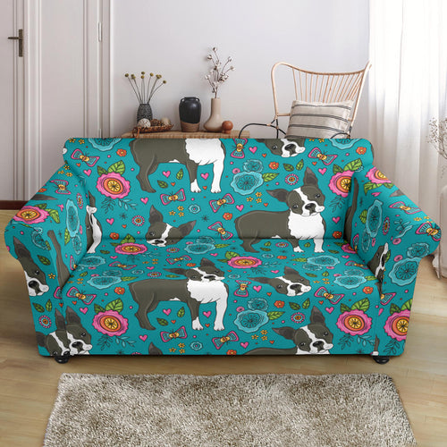 Boston Terrier Beautiful Flower Pattern Loveseat Couch Slipcover